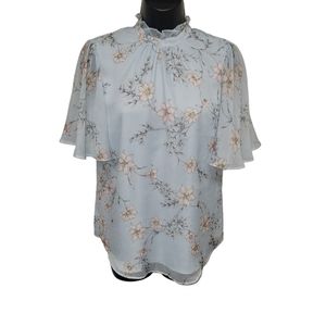 💙 Lauren Ralph Lauren NWT  Floral Blouse, Fluted Sleeve Light Blue Size S/P